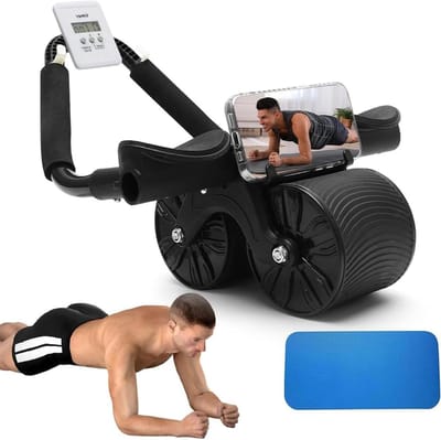 Allecto Plus - Automatische rebound buiktrainer voor thuis met stabiele 4 wielen - Kerntraining buikspiertrainer met kniemat en telefoonhouder.