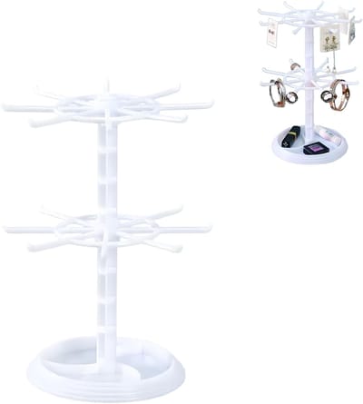 Sieradenstandaard met 2 niveaus, draaibaar, voor armbanden, ringen, sieraden, oorbellen, hangers (wit)