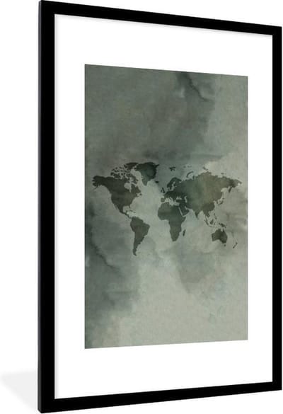 Poster in lijst - Fotolijst 80x120 cm - Posters - Wereldkaart - Aquarelverf - Groen - Grijs - Posterlijst zwart - Decoratie - Wanddecoratie woonkamer - Muurdecoratie slaapkamer