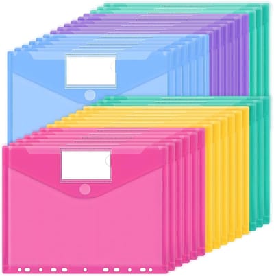 A4-documentenmapset – 30 stuks – 5-kleurige waterdichte mappen met 11-rings, klittenband en labelvakjes – Transparante documenthoezen 31x24,5 cm