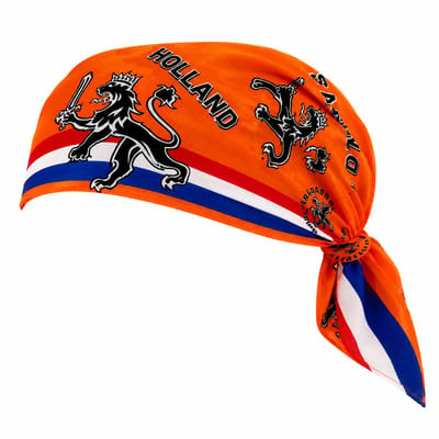 Oranje Holland bandana met leeuw en rood-wit-blauwe details, ideaal voor Koningsdag, voetbal, EK/WK, feestjes en evenementen.