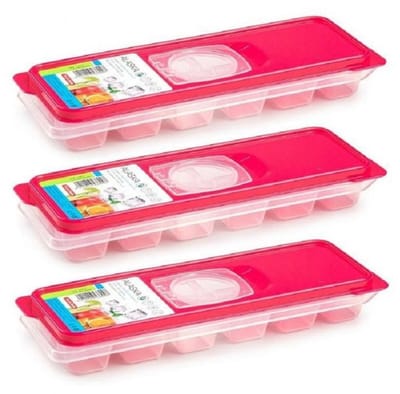 PlasticForte IJsblokjesvorm met deksel - 3x - 12 ijsklontjes - kunststof - fuchsia roze - ijsblokjes maken
