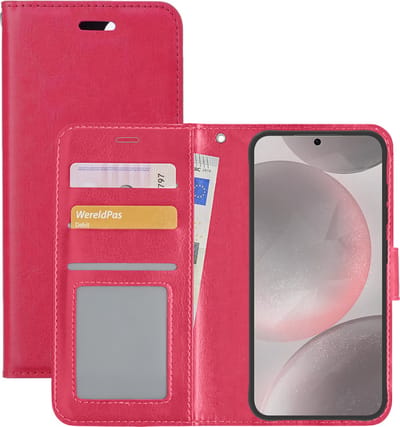 Hoesje - Met Pasjeshouder - Geschikt voor Samsung Galaxy S24 - Luxe Bookcase Portemonee - Flip Case - Kunstleer Book Case - Flipcase - Book Cover - Walletcase - Portemonneehoes - Donkerroze