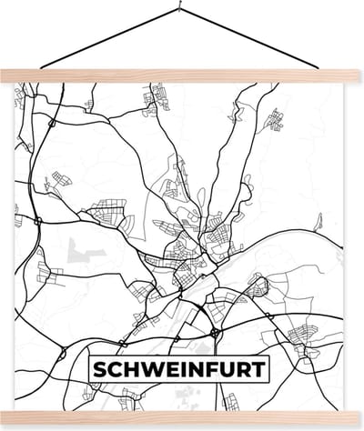 Posterhanger incl. Poster 40x40 cm - Schoolplaat - Schweinfurt - Stadskaart - Plattegrond - Kaart - Textielposter - Blanke latten - Stadskaart