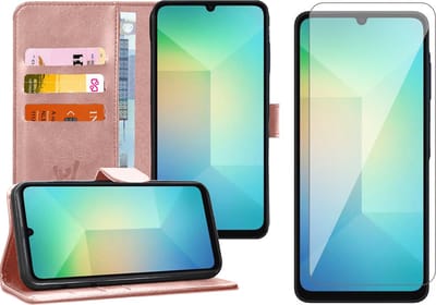 Hoesje geschikt voor Samsung Galaxy A06 - Screenprotector Glas - Portemonnee Book Case Rosegoud