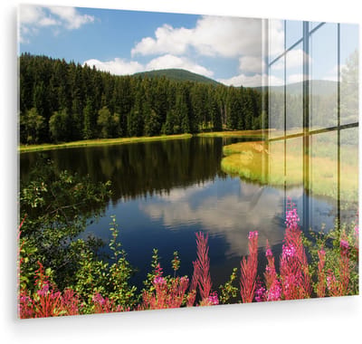 ® Glasschilderij 160x120 cm - Schilderij acrylglas - Zwarte Woud in Duitsland met een blauwe hemel en wolken - Foto op glas - Muurdecoratie woonkamer - Wanddecoratie slaapkamer - Schilderijen