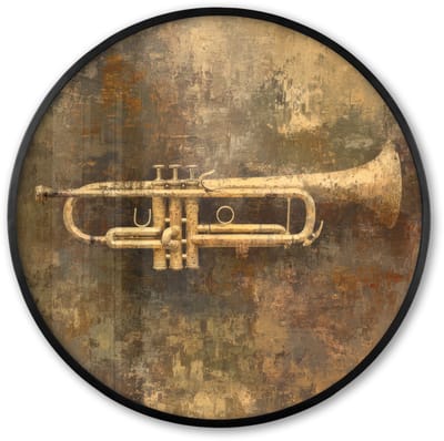 Poster in lijst Rond - Fotolijst 60x60 cm - Posters - Trompet - Geel - Muzikaal - Ronde posterlijst zwart - Decoratie - Wanddecoratie woonkamer - Muurdecoratie slaapkamer
