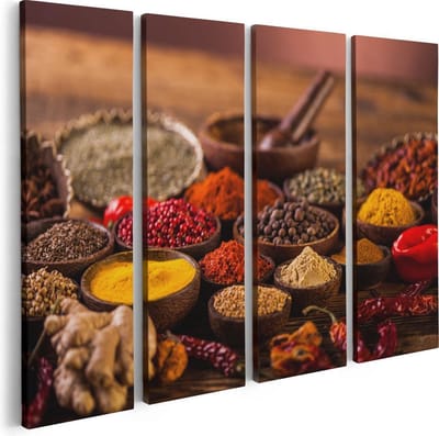 Artaza Canvas Schilderij Vierluik Diverse Kleurrijke Kruiden Op Tafel - 80x60 - Foto Op Canvas - Canvas Print