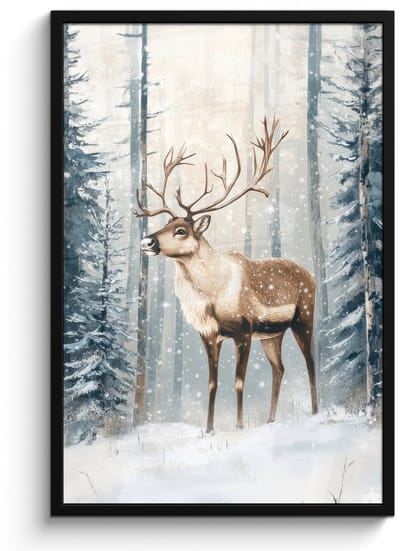 Poster in lijst - Fotolijst 60x90 cm - Posters - Rendier - Sneeuw - Woud - Wit - Posterlijst zwart - Decoratie - Wanddecoratie woonkamer - Muurdecoratie slaapkamer