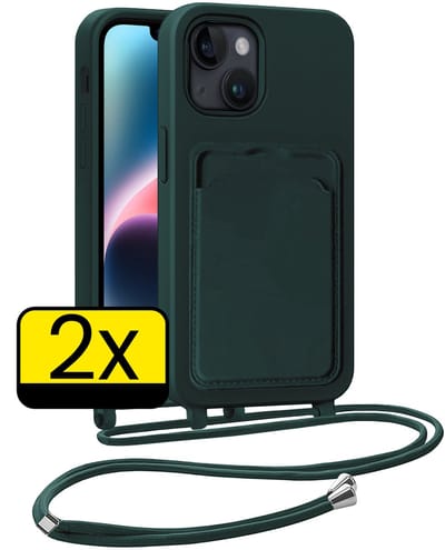 Hoesje Geschikt voor iPhone 13 Telefoonhoesje Met Koord Case Pashouder Siliconen - Hoes Geschikt voor iPhone 13 Hoesje Met Kaarthouder - Donkergroen - 2 Stuks