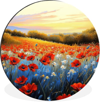 WallCircle - Wandcirkel - Muurcirkel - Klaproos - Bloemenveld - Kleurrijk - Aluminium - Dibond - 30x30 cm - Binnen en Buiten