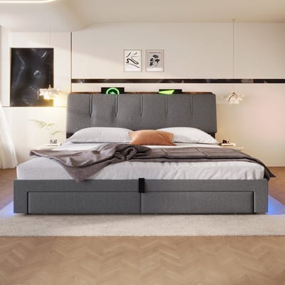 MODFU Gestoffeerd Bed - Opbergruimte En USB-C - Modern - Voor Slaapkamer - Linnen - Grijs - 180 X 200 Cm