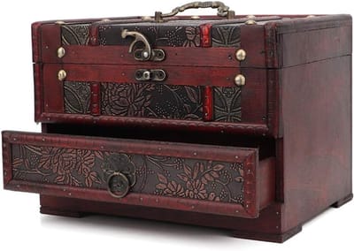 Vintage Houten Sieradenbox met Spiegel, Decoratieve Opslagdoos voor Ringen en Sieraden, Perfect Cadeau voor Vrouwen en Meisjes