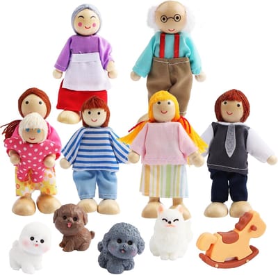 Houten Poppenhuis Familie Set met Dieren - 12 Delige Speelfiguur Set