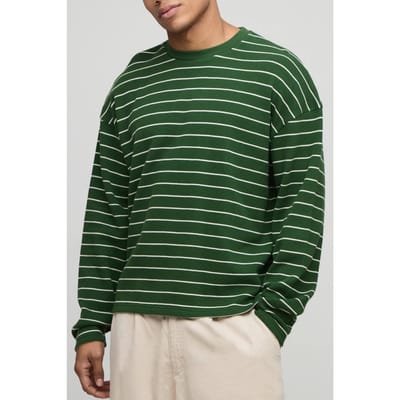 Oversized Gestreept Zwaargewicht Lange Mouw Wafel T-Shirt | Forest | Size XS