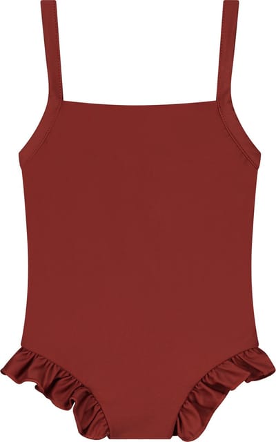 Supercute badpak bruin/rood met bandjes en drukknoopjes maat 92