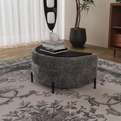 BLACKCOLORS Halvemaanvormige opbergpoef bekleed met chenille met blad, te gebruiken als bijzettafel, gestoffeerde zitplaats, kruk om je aan te kleden of je schoenen aan te trekken, en als voetenbank voor de woonkamer, de hal en de gang, grijs