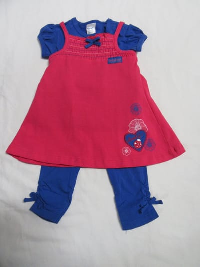 dirkje , kledingset , meisje, overgooier+Tshirt + legging, blauw/fuchia 6 maand 68