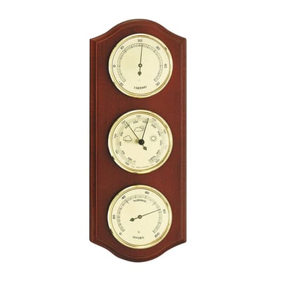 Weerstation met hygrometer, barometer en thermometer, mahonie, gelakt, 260 x 105 mm