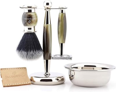 Scheerset voor heren, dubbelzijdig veiligheidsscheermes, zwarte synthetische scheerkwast, standaard, kom en etui voor scheermes, perfecte cadeauset (scheerset voor heren)