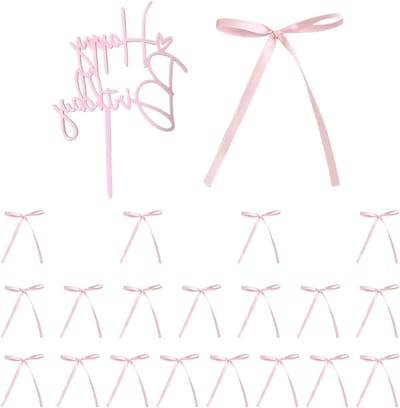 20 Roze Acrylaat Boogjes en 1 Gelukkige Verjaardagskaart voor Feestdecoratie, Taartpresentatie en Cadeaupakketten