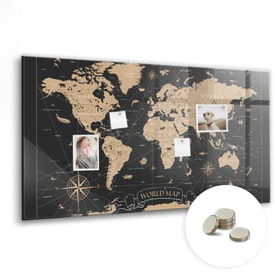 Tulup Glassboards - Vintage wereldkaart Magneetbord - 120 cm x 60 cm - Grijs Memobord Glas - Gratis 5 Sterke Magneten - Industrieel Wandbord - Magneetbord Muur - Magnetisch Wandbord - Productiviteit Tools - Magnetic Board
