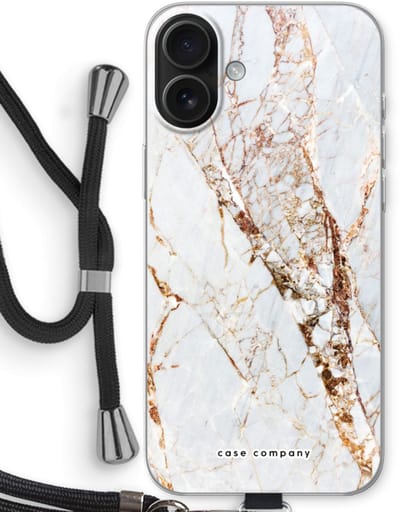 Case Company® - Hoesje met koord geschikt voor iPhone 16 Plus hoesje met Koord - Goud marmer - Telefoonhoesje met Zwart Koord - Bescherming aan alle Kanten en Over de Schermrand