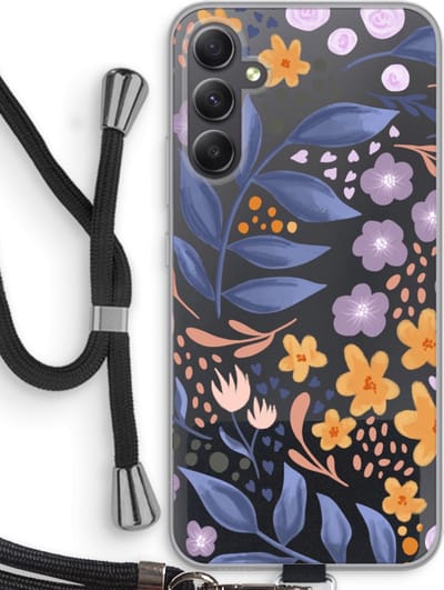 Case Company® - Hoesje met koord geschikt voor Samsung Galaxy A34 hoesje met Koord - Flowers with blue leaves - Telefoonhoesje met Zwart Koord - Bescherming aan alle Kanten en Over de Schermrand