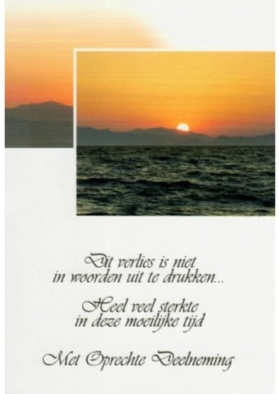 Met oprechte deelneming! Dit verlies is niet in woorden uit te drukken. Veel sterkte in deze moeilijke tijd. Een dubbele wenskaart inclusief envelop en in folie verpakt.