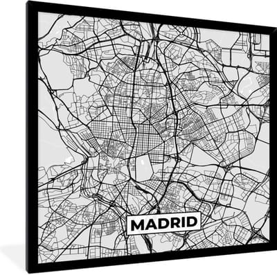Fotolijst incl. Poster Zwart Wit- Madrid - Zwart Wit - Stadskaart - Plattegrond - Kaart - 40x40 cm - Posterlijst