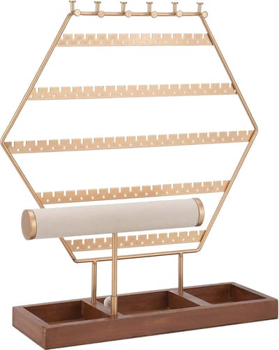 Sieradenstandaard voor Oorbellen, Ringen, Armbanden en Kettingen - Organiser met Houten Sokkel