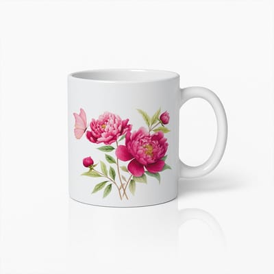Elegante Roze Pioenroos Bloem en Vlinder Mok – Mooie Bloemen Koffiebeker voor Natuurliefhebbers