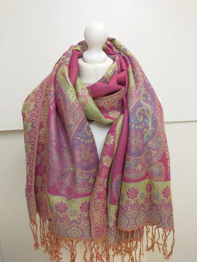 Lange dames sjaal Annemiek gebloemd motief fuchsia geel blauw goud paars oranje