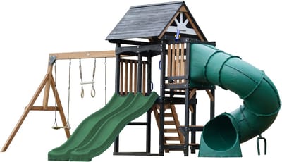 AXI Cody Speeltoestel met Schommels, Trapeze en Klimwand - Groene Dubbele Glijbaan – Met Buisglijbaan – Met Picknickbank - FSC 100% hout – Speeltoren voor de tuin / buiten