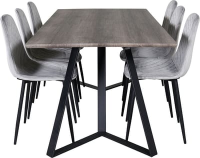 MarinaGRBL eethoek eetkamertafel el hout decor grijs en 6 Polar Diamond eetkamerstal velours grijs.