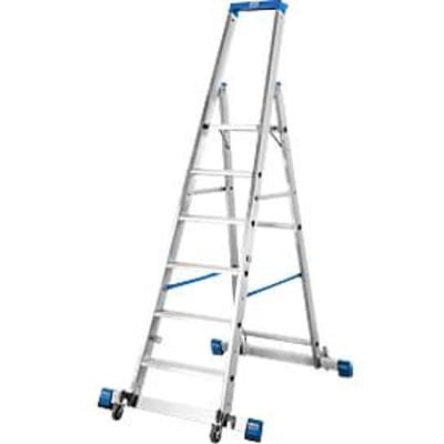 Trapladder, met 6 treden, aluminium, verrijdbaar met dwarssteun