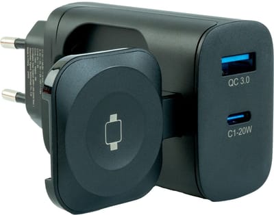 Strap-it 23W adapter met oplader geschikt voor Apple Watch 1/2/3/4/5/6/7/8/9/10/11/SE/Ultra (2/3) - Meerdere apparaten tegelijkertijd opladen - draadloze smartwatch oplader - Adapter met USB - A aansluiting en USB - C aansluiting (zwart)