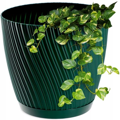 KADAX Bloempot met onderzetter, plantenpot in driedimensionale golfvorm, kunststof plantenpot, decoratieve pot voor bloemen, cactussen en kruiden (17 cm, groen)