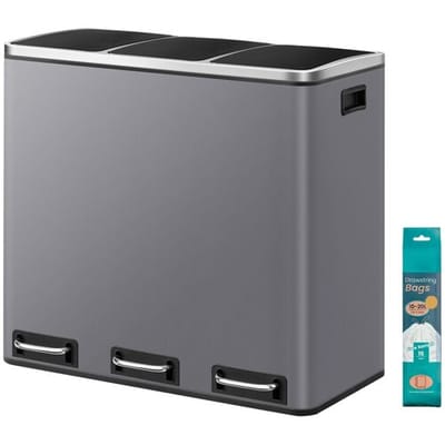 Ochama 3-vaks afvalscheidingsbak, 3 x 18 l pedaalemmer met zacht sluitende deksels, staal, voor keuken, grijs