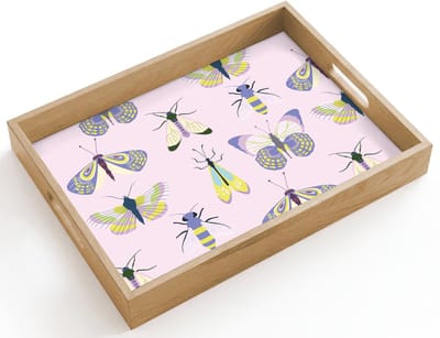 Dienblad hout 40x30 cm - Schootdienblad - Insecten - Vlinders - Patroon - Roze - Kleurrijk - Borrelplank rechthoek - Plateau dienbladen