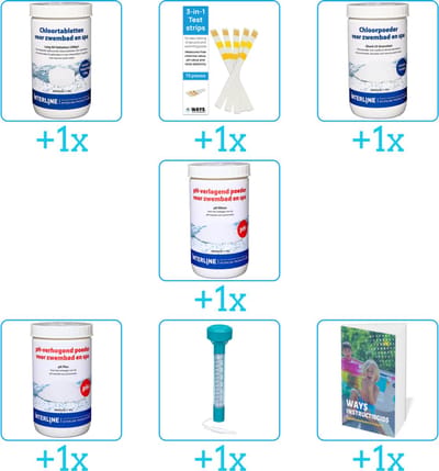 Zwembad Onderhoudspakket - Onderhoud Zwembad - bevat Chloor - Testrips - Chloor - PH-min - PH-plus - Thermometer en Zwembadgids (7-delig)