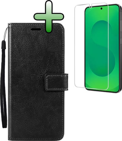 Hoesje Met Screenprotector - Geschikt voor Samsung Galaxy S25 - Luxe Pasjeshouder - Bookcase Portemonee - Flip Case - Kunstleer Book Case - Flipcase - Book Cover - Walletcase - Portemonneehoes - Zwart