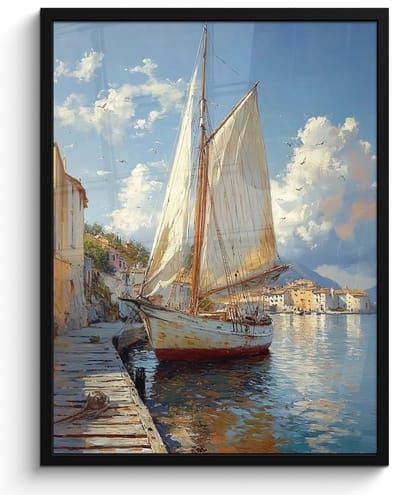 Poster in lijst - Fotolijst 50x70 cm - Posters - Zeilschip - Huizen - Kade - Zee - Posterlijst zwart - Decoratie - Wanddecoratie woonkamer - Muurdecoratie slaapkamer