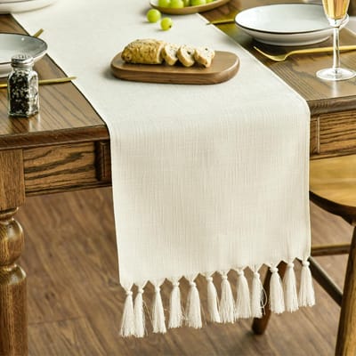 Tafelloper - Landhuisstijl met Kwastjes - Wasbaar voor Keukentafel en Feestdecoratie - Beige 33x243 cm