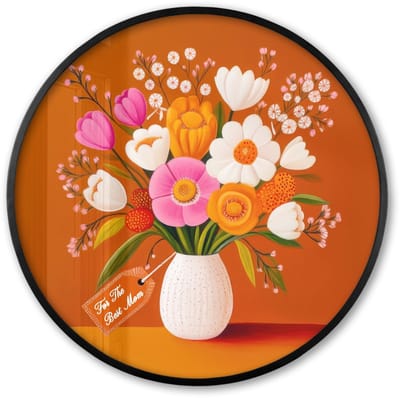 Poster in lijst Rond - Fotolijst 60x60 cm - Posters - Vaas - Bloemen - Oranje - Ronde posterlijst zwart - Decoratie - Wanddecoratie woonkamer - Muurdecoratie slaapkamer