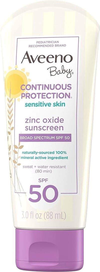 Aveeno Baby SPF 50 Minerale Zonnebrandcrème met Zinkoxide 88ML Reisformaat – Bescherming voor Gevoelige Babyhuid – Traanvrije, Water- & Zweetbestendige Sunscreen Lotion – Paraben-Vrij –