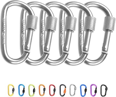 Set van 5 Vergrendelbare Carabiners van Aluminium Legering - D-Ring Haak voor Sleutels, Kamperen en Wandelen