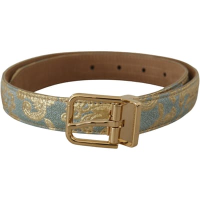 Dolce & Gabbana Blauwe Leren Jacquard Gegraveerde Gouden Metalen Gesp Ceintuur
