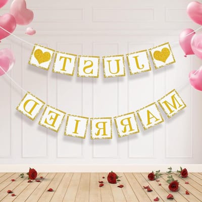 Just Married Banner papieren bruiloft opknoping feestbenodigdheden - romantische decoraties voor pas getrouwden - bruiloft banket thema (goudkleurig) - feestbenodigdheden voor bruids douche en jubileumviering