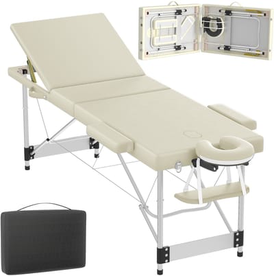NAIZY Massagetafel Opvouwbare 3-zone massagetafel Massagebed Hoogteverstelbaar met armleuningen, gezichtskussen en opbergtas Aluminium cosmetische bank Massagebank, Beige